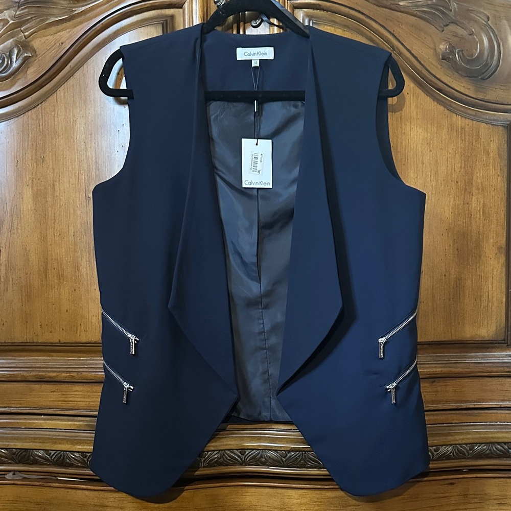 NEW Tailored Calvin Klein Dark Navy Blue Open Vest with double Zipper Accents 12